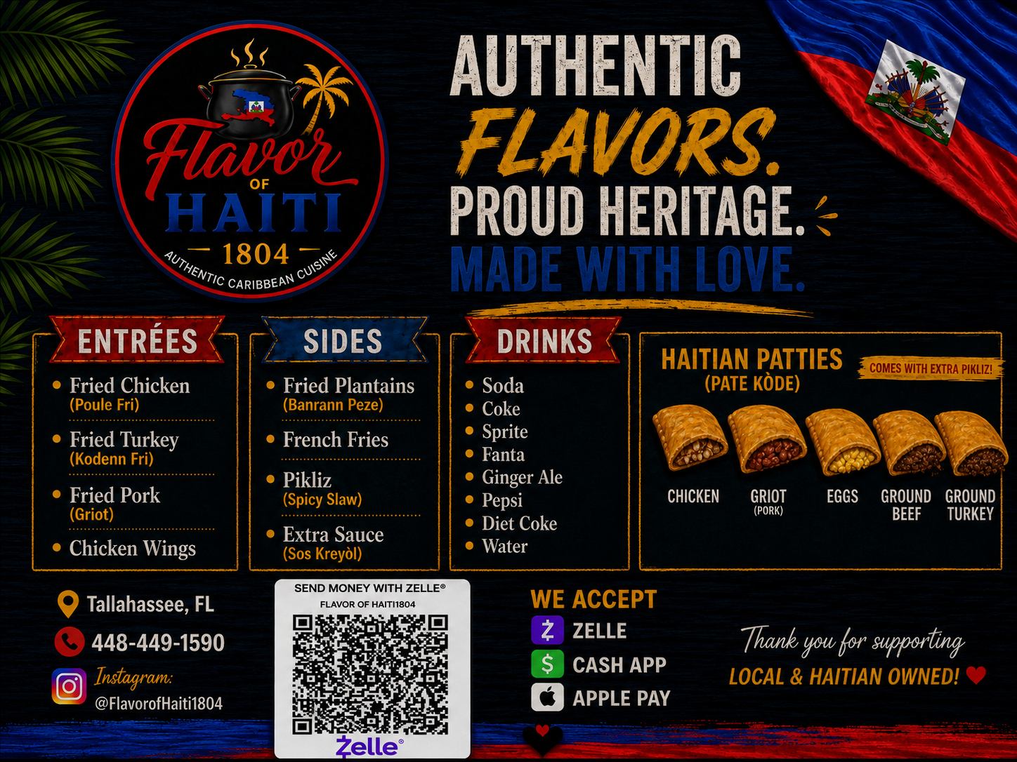 Flavor of Haiti 1804 Full Menu Board with QR Code
