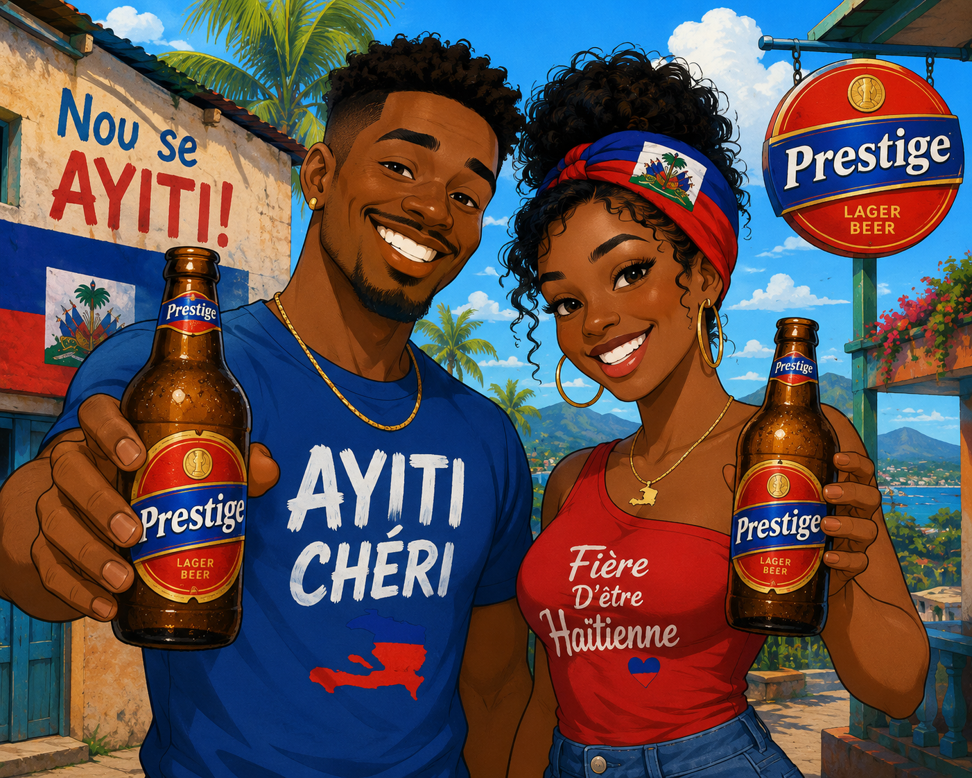 Haitian couple holding Prestige beers in a colorful celebration scene